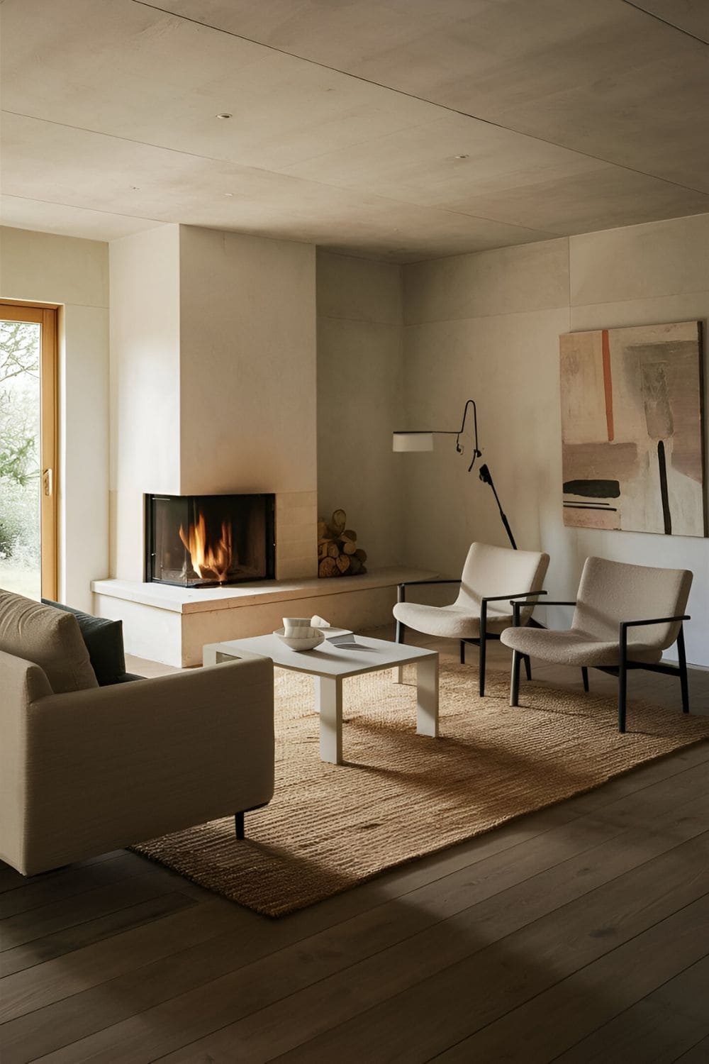 Minimalist living room with sleek sofa facing fireplace simple coffee table minimalist chairs and rug tying room together