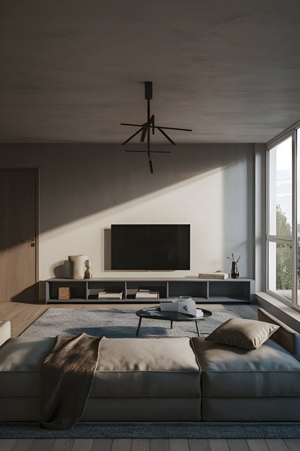 Minimalist modern I-shaped living room layout with a low-profile sofa a sleek TV stand clean lines neutral colors and a few carefully chosen accessories