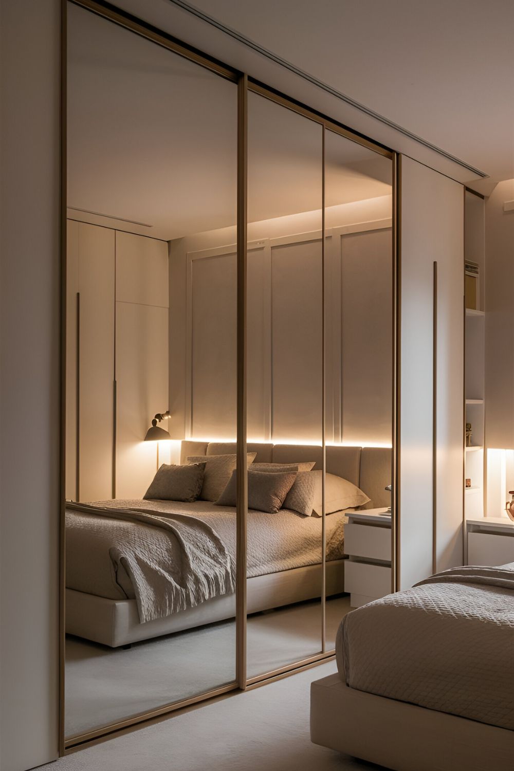 Modern bedroom with a sleek built-in wardrobe and sliding mirrored doors