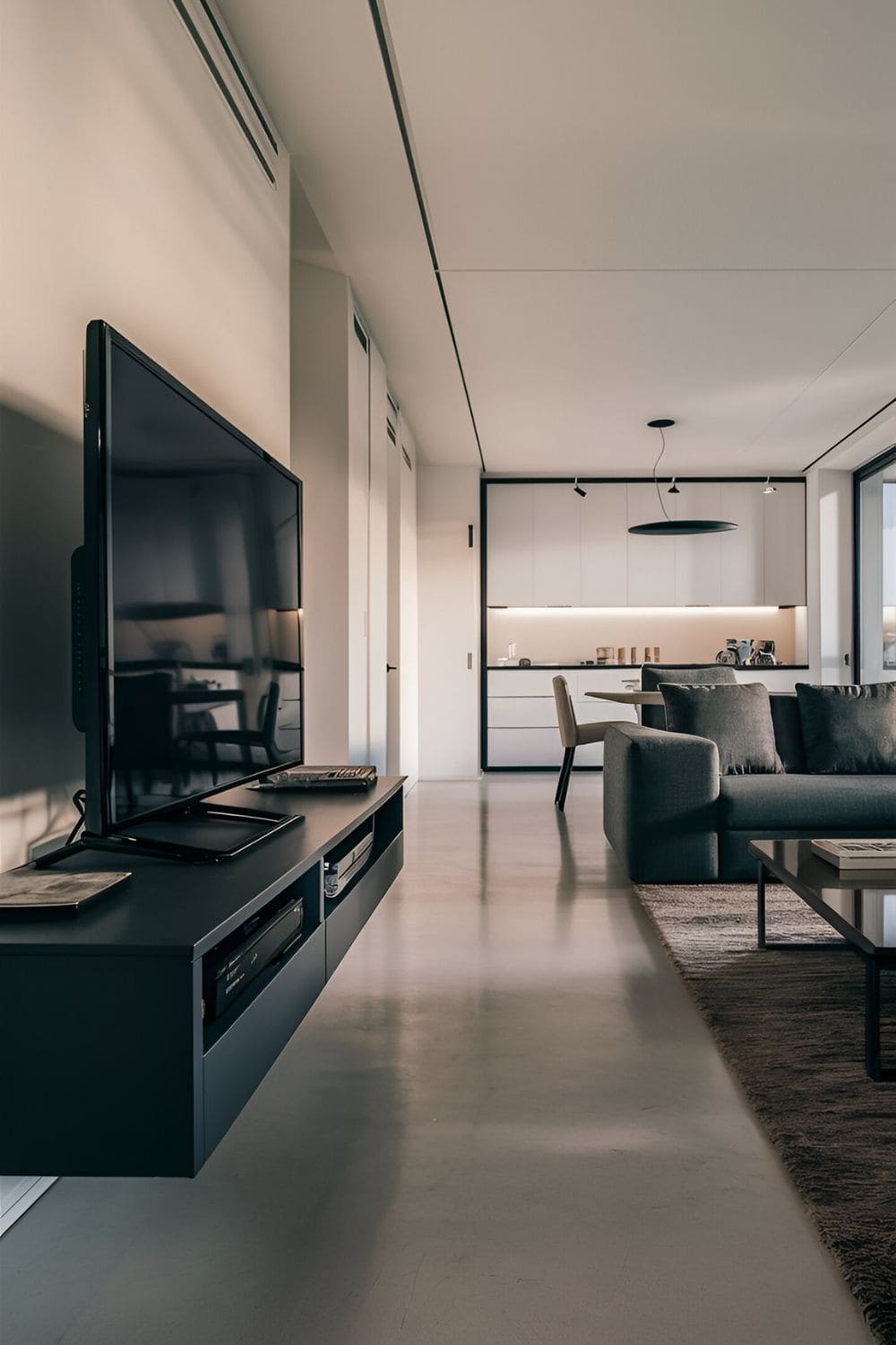 Modern living room featuring a TV on a floating unit clear floor space and minimalist decor