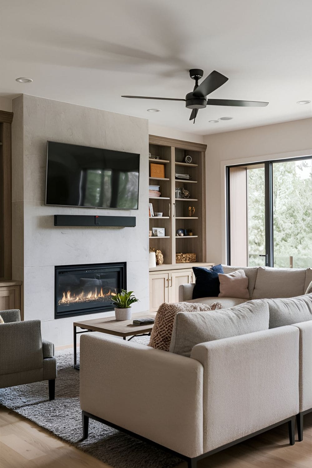 Modern living room with TV mounted above fireplace sectional sofa arranged to face both TV and fireplace