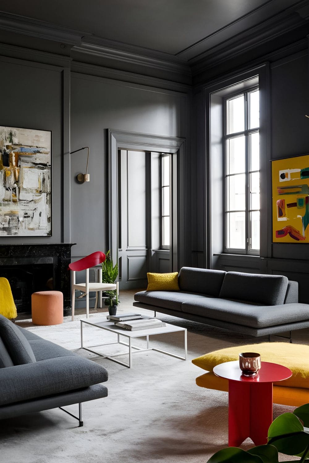 Modern living room with charcoal gray walls contemporary furniture and bright colorful accents for contrast