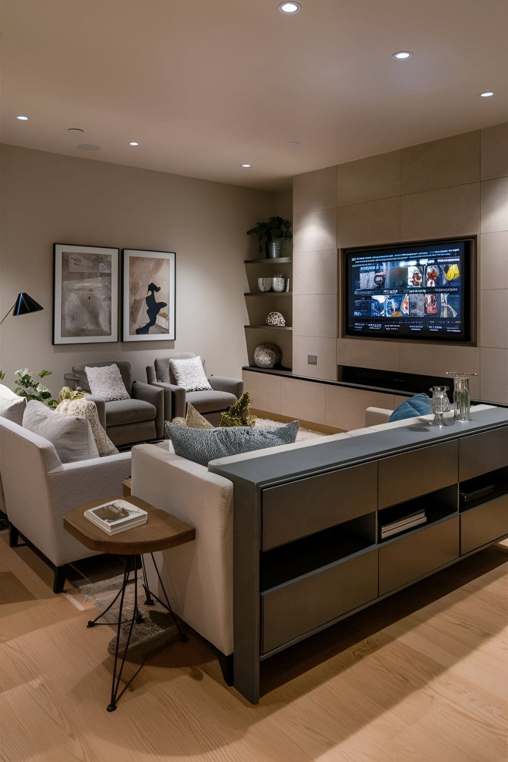 Modern rectangular living room with a TV mounted on the long wall seating arranged to face the TV a sleek media console below shelves with decor items