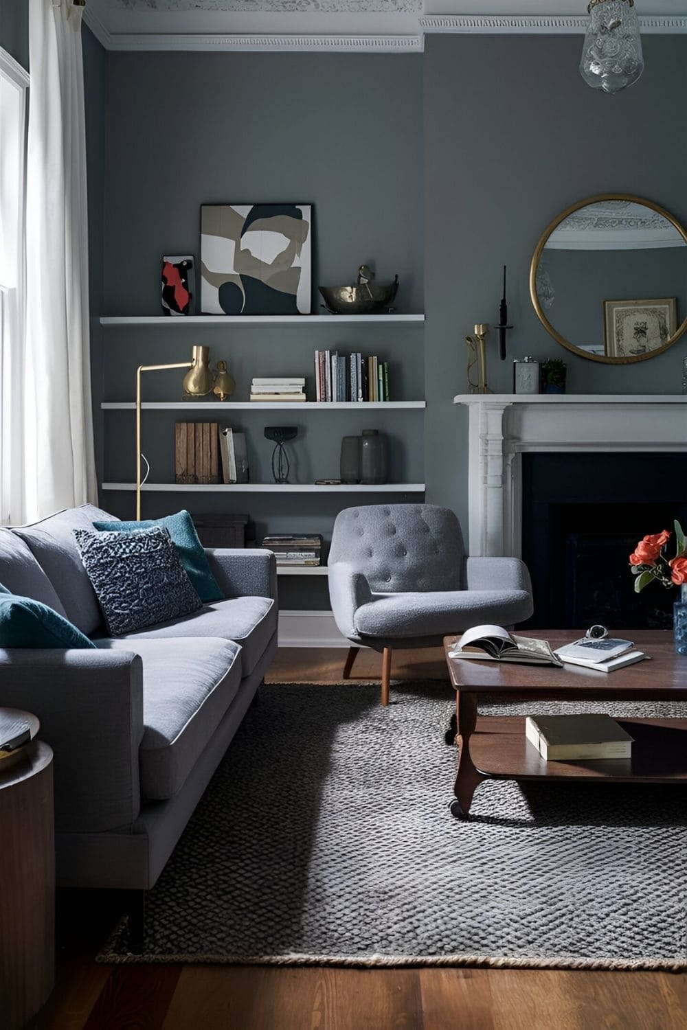 Monochromatic living room with various shades of gray for walls furniture and accessories achieving a sophisticated and cohesive look