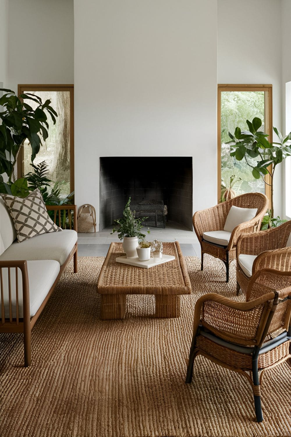 Nature-inspired living room with sofa with wooden frame facing fireplace wicker chairs coffee table made of natural materials and plants and nature-themed decor