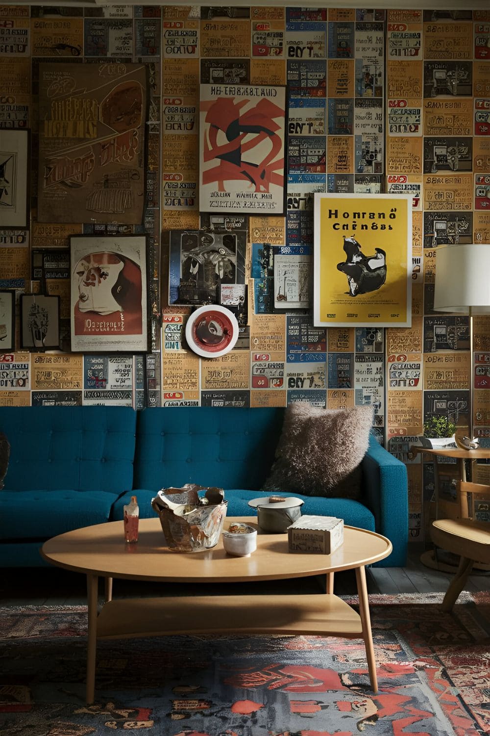 Nostalgic living room with wallpaper featuring vintage posters and advertisements retro furniture and decorative items that tell a story