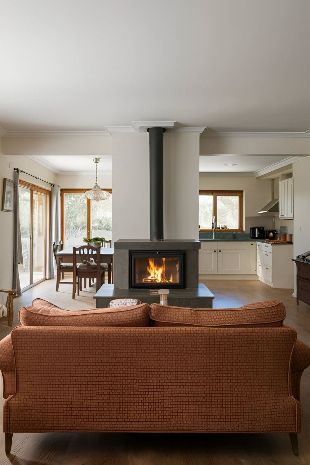 Open-plan living area with sofa facing fireplace dining table behind and kitchen visible in the background all centered around fireplace