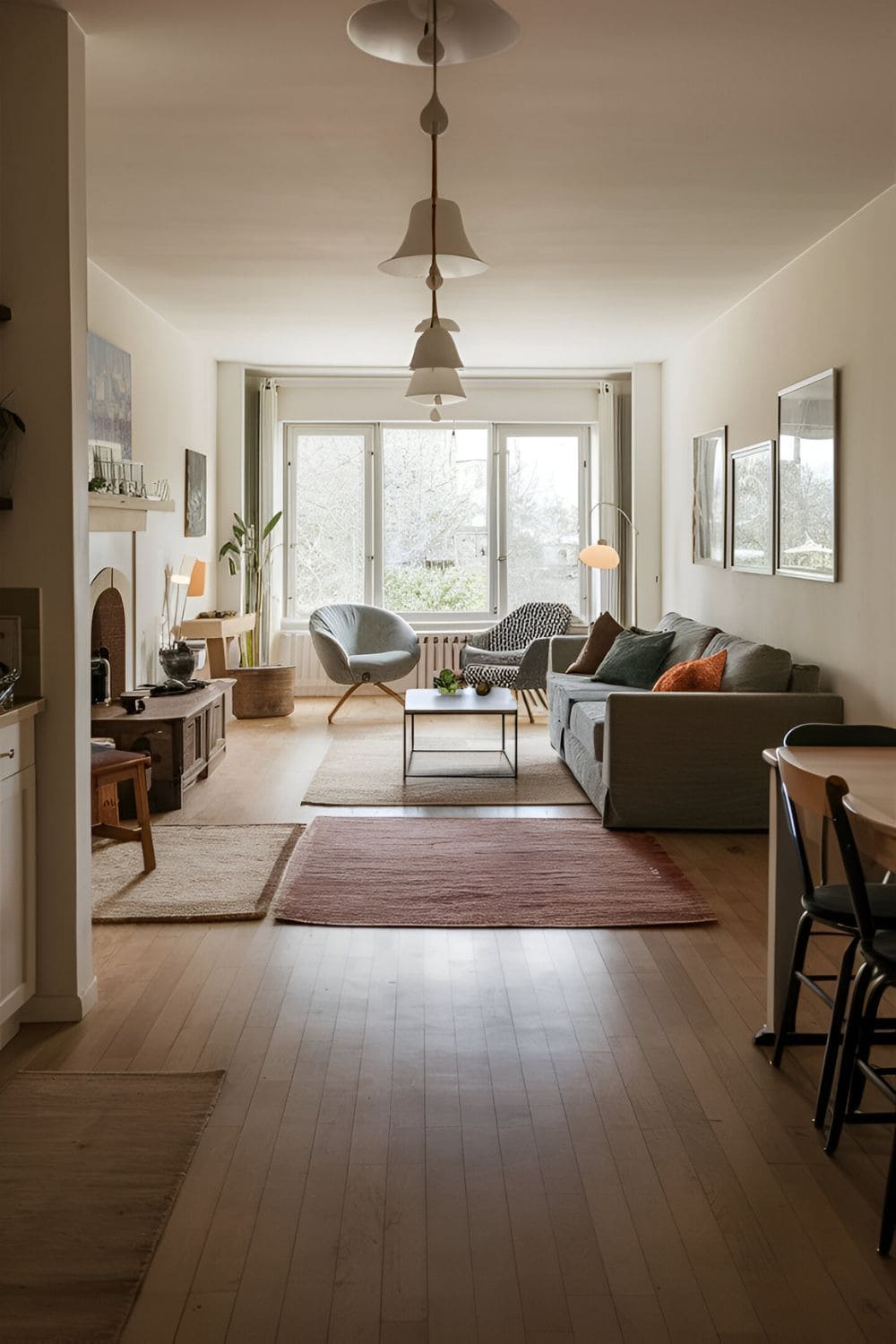 Open-plan rectangular living room with floating furniture creating zones rugs defining different areas a sofa in the middle chairs and a coffee table separating living and dining spaces