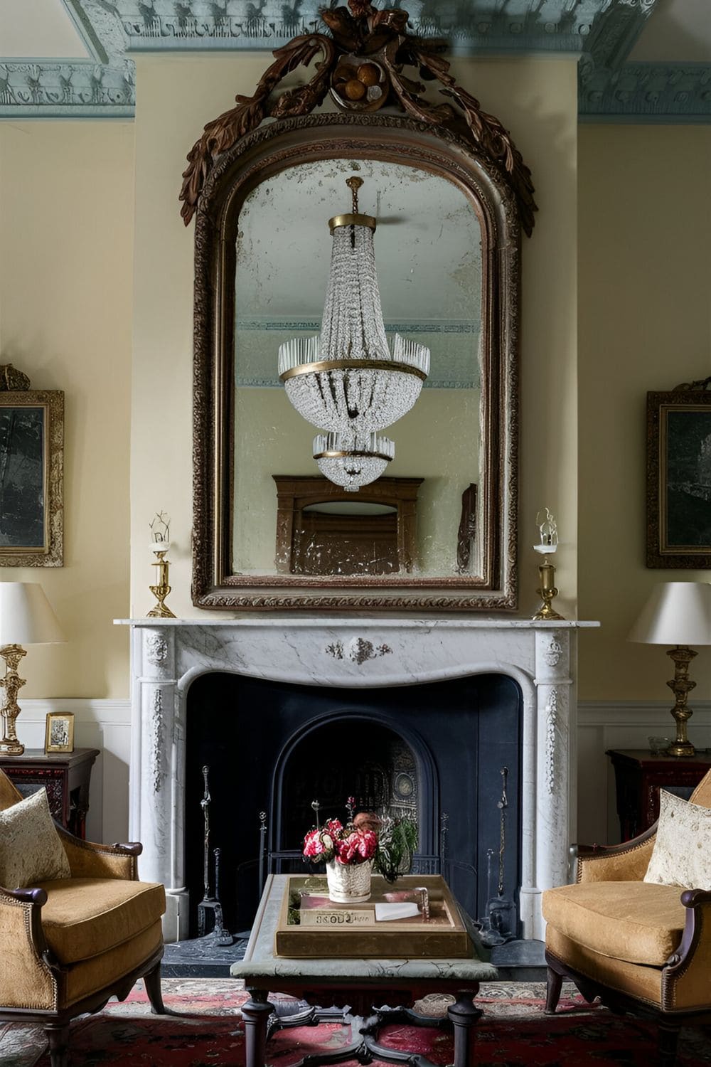 Ornate framed antique mirror hanging above a marble fireplace in a Victorian-style living room