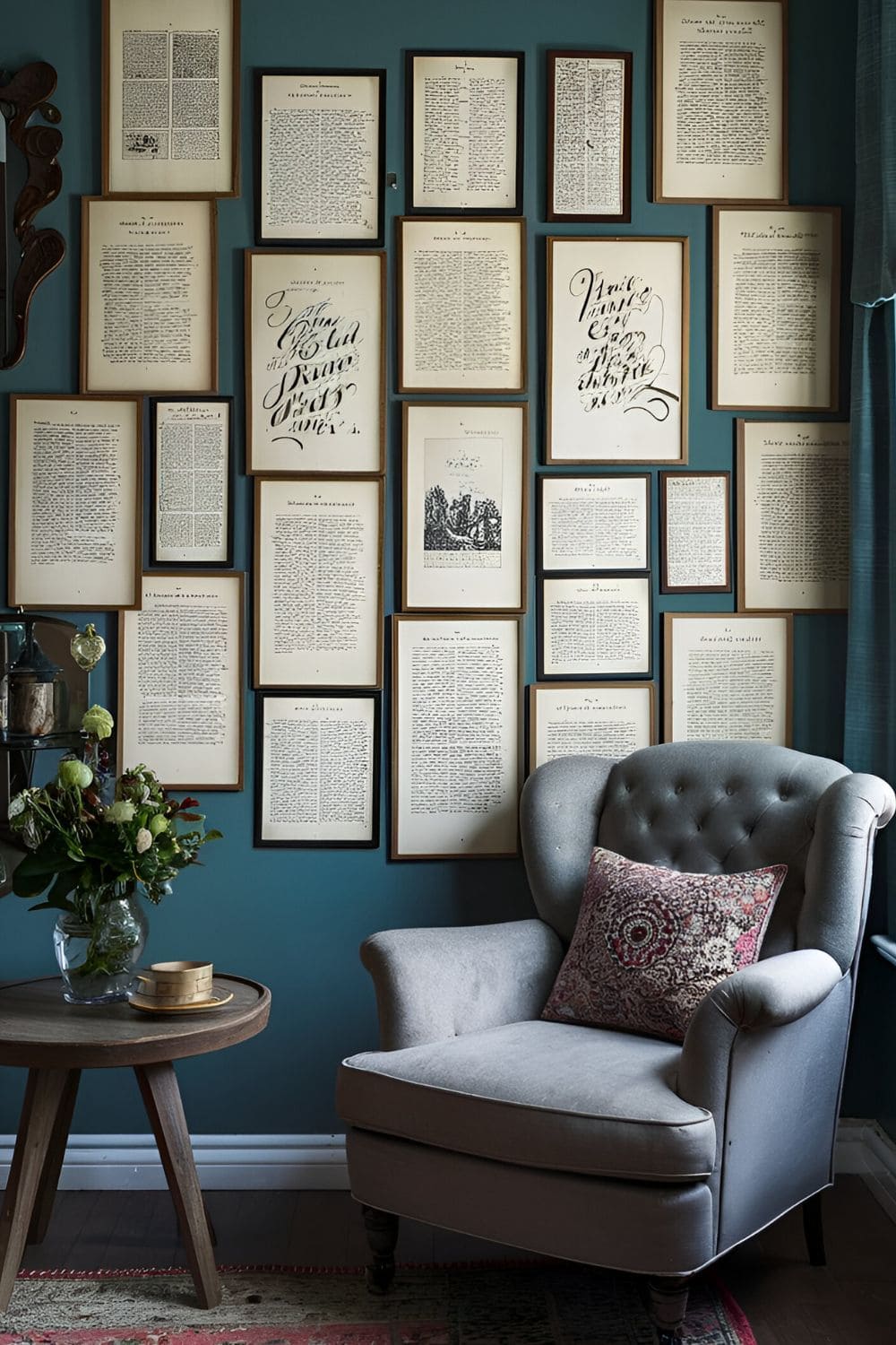 Pages from old books with beautiful illustrations and calligraphy framed on a living room wall