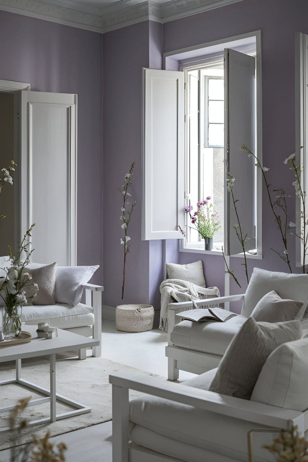 Peaceful living room with serene lavender walls white furniture and light airy decor with floral accents