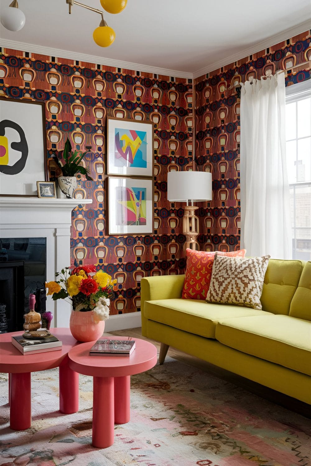 Playful living room with bold retro wallpaper from the 1960s and 1970s funky furniture and vibrant decorative accessories