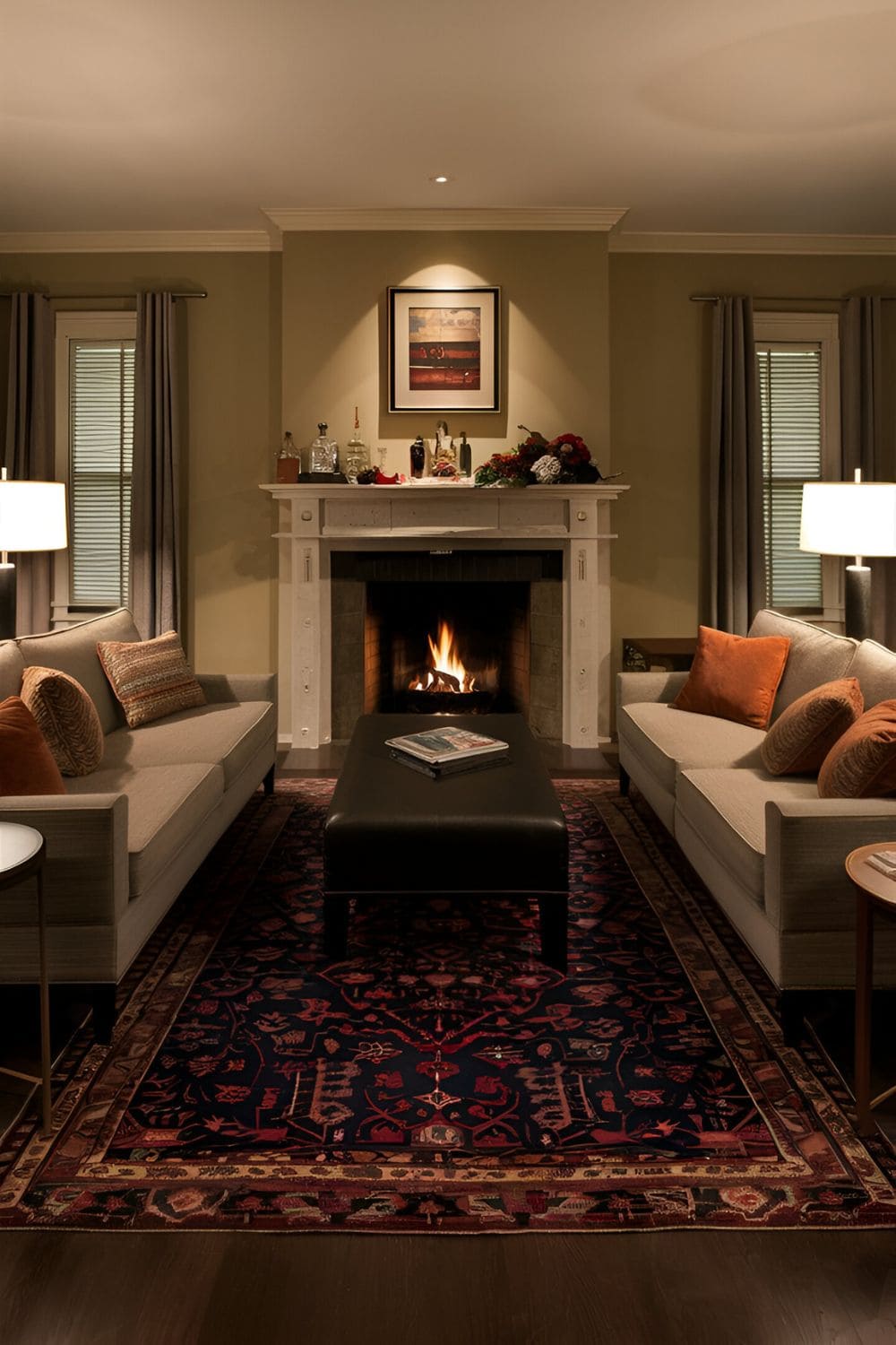 Rectangular living room centered around a fireplace with seating arranged to face it a decorated mantle and a defining rug creating a warm atmosphere