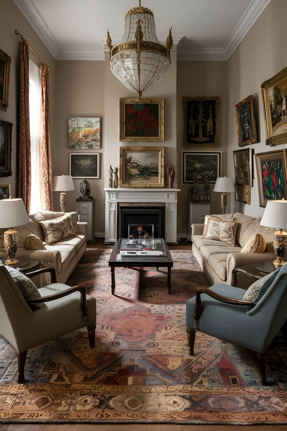 Rectangular living room showcasing an art collection with paintings sculptures or other artworks displayed prominently furniture arranged to highlight these pieces