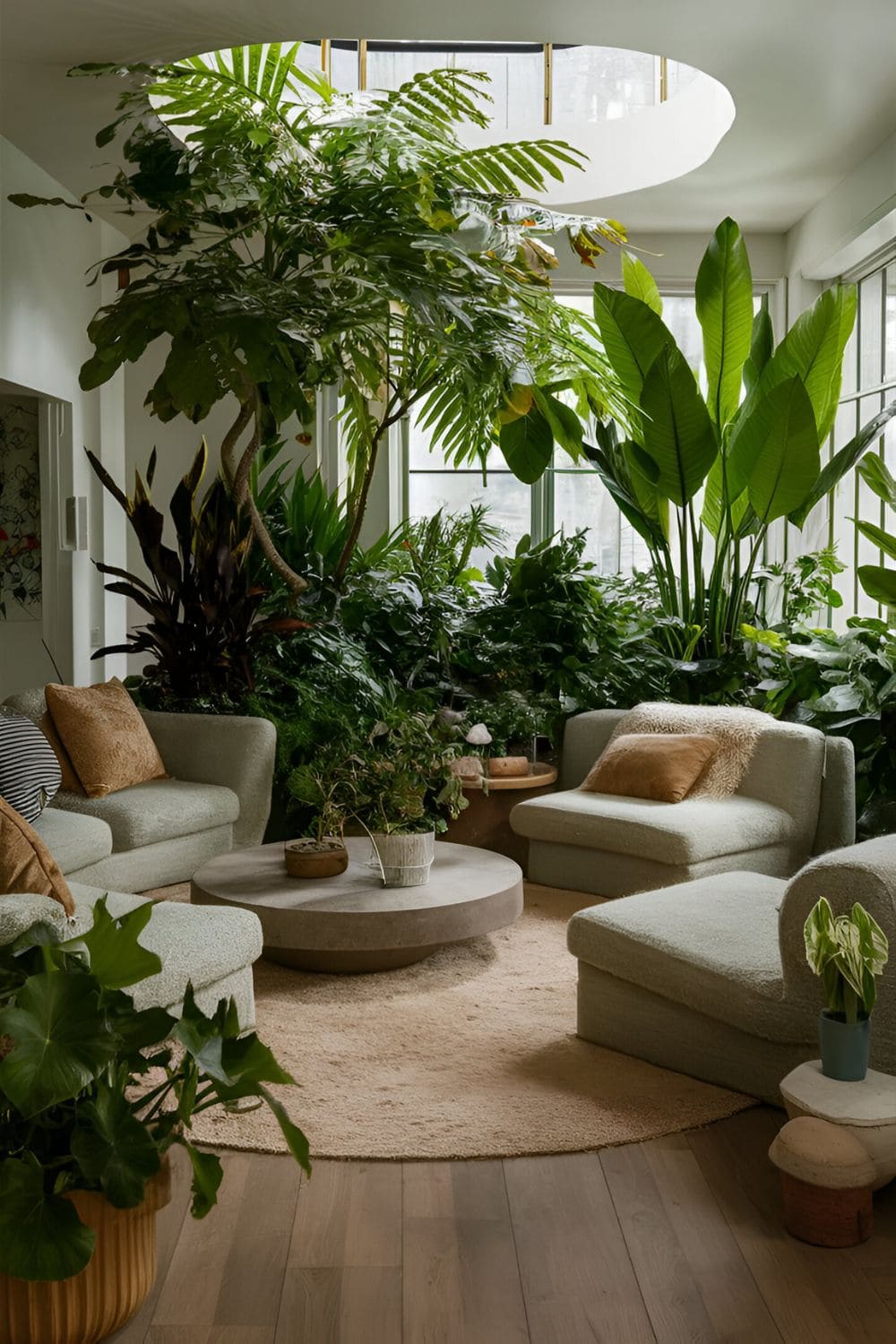 Rectangular living room with an indoor garden featuring large potted plants and greenery seating arranged around this green space