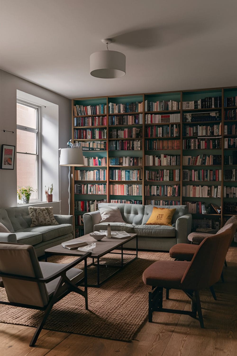 Rectangular living room with one wall lined with bookshelves a comfortable sofa reading chairs good lighting and a coffee table creating a library lounge