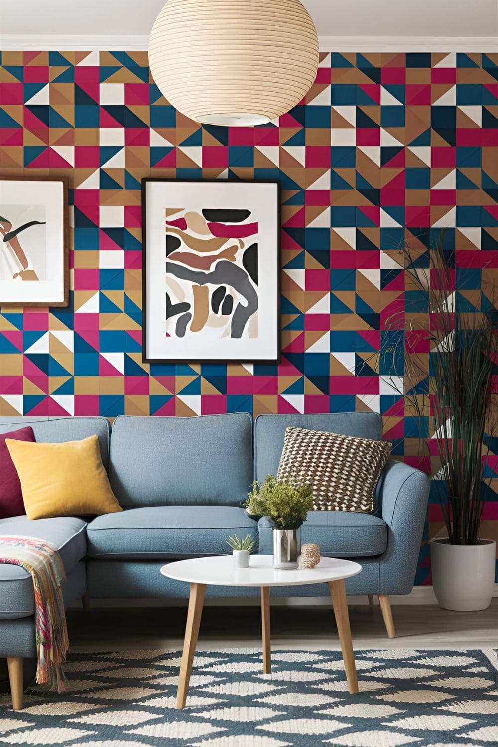 Retro-modern living room with bold mid-century geometric wallpaper in vibrant colors minimalist furniture and a statement pendant light