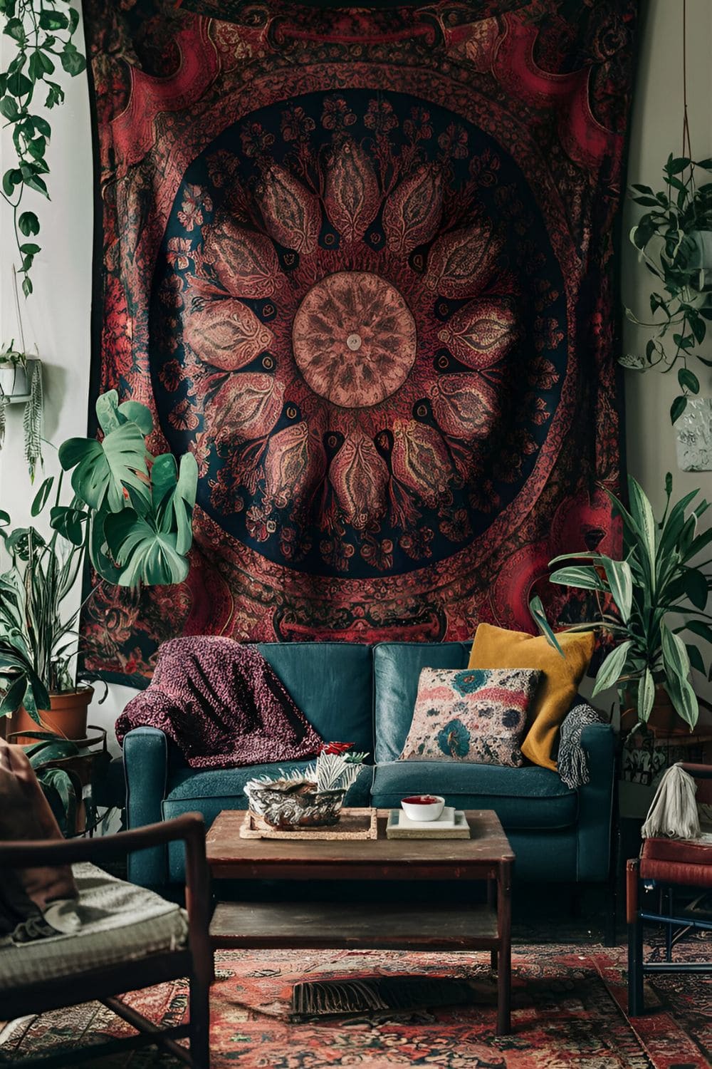 Richly designed vintage tapestry hanging on a living room wall surrounded by eclectic furniture