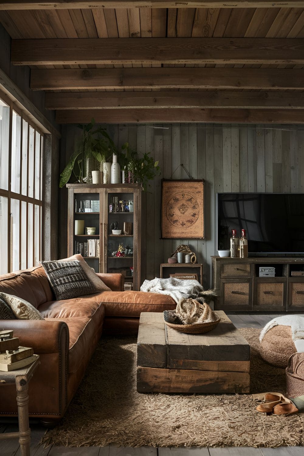 Rustic I-shaped living room layout with a weathered leather sofa a reclaimed wood coffee table a cozy rug vintage decor items and a rustic entertainment unit