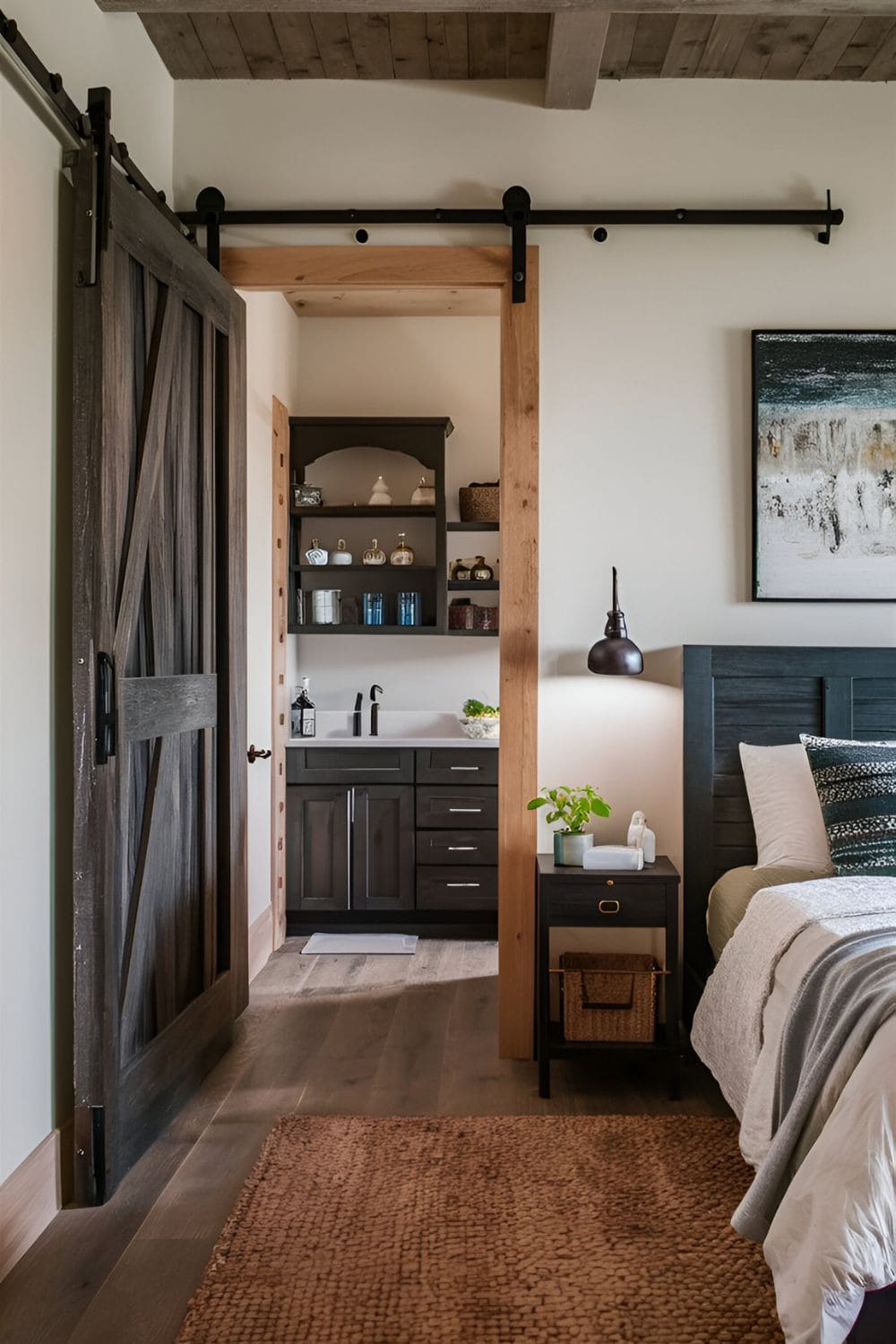 Rustic dark wood barn door in a bedroom leading to a closet or en-suite bathroom with farmhouse-style decor