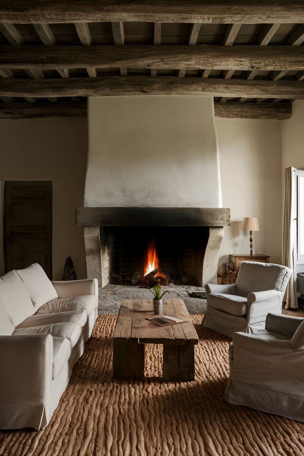 Rustic living room with fireplace large comfy sofa facing fireplace armchairs on sides chunky wooden coffee table and textured rug