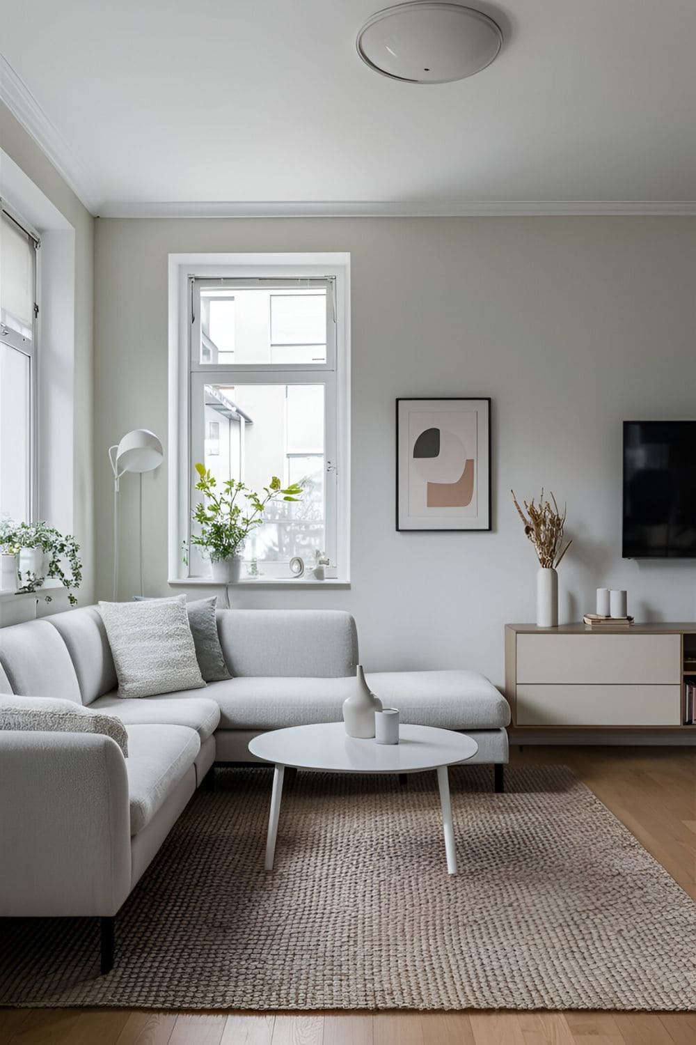 Scandinavian-inspired I-shaped living room layout with a light gray or white sofa a minimalist coffee table neutral-toned accessories and a sleek media unit