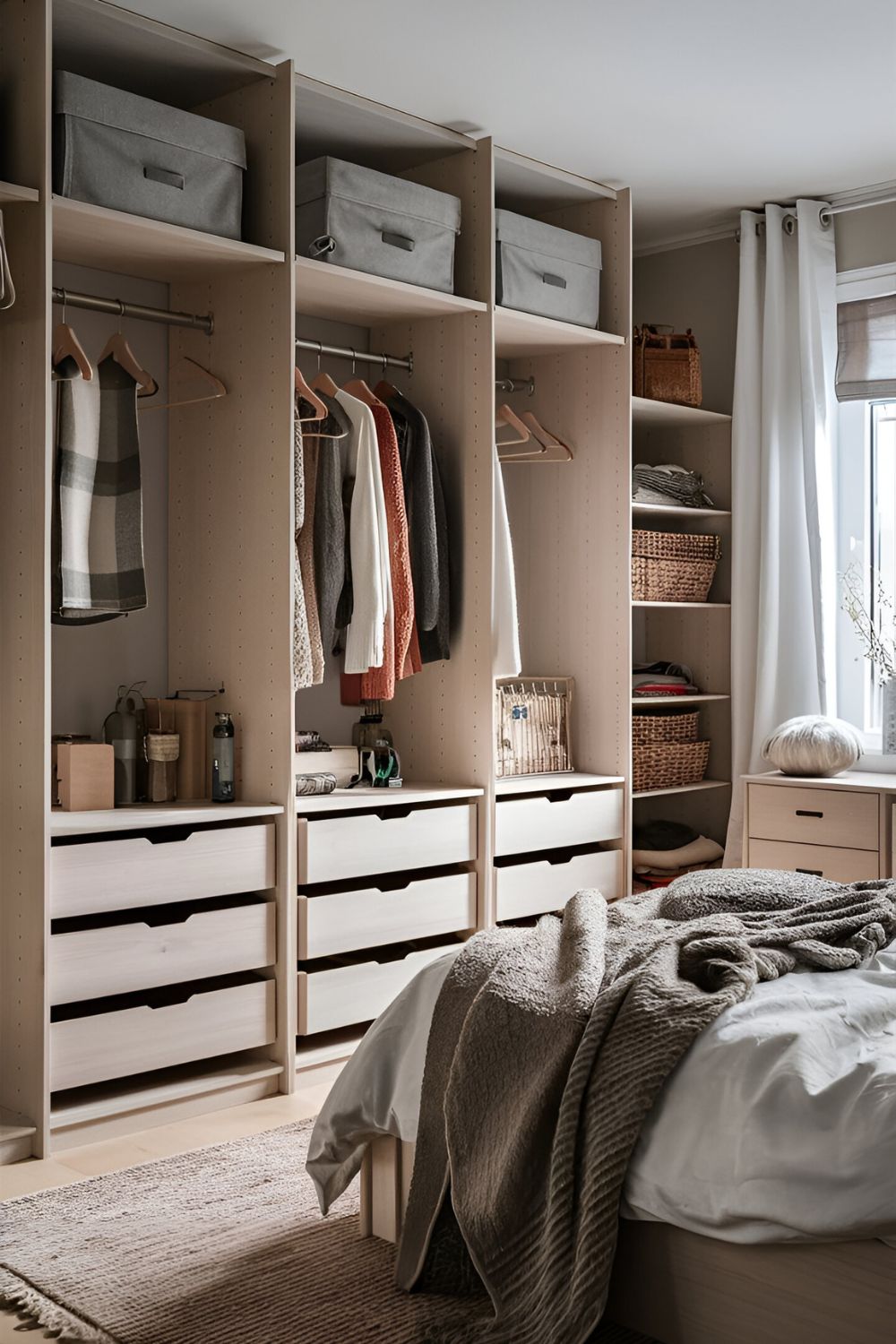 Scandinavian-style bedroom with a wardrobe featuring built-in drawers