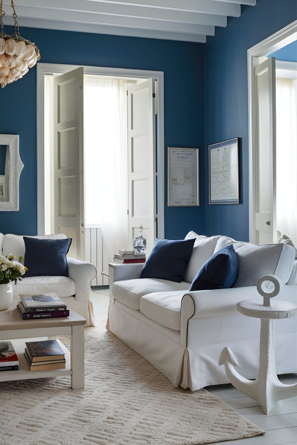 Serene living room with bold blue walls light-colored furniture and nautical-themed decor