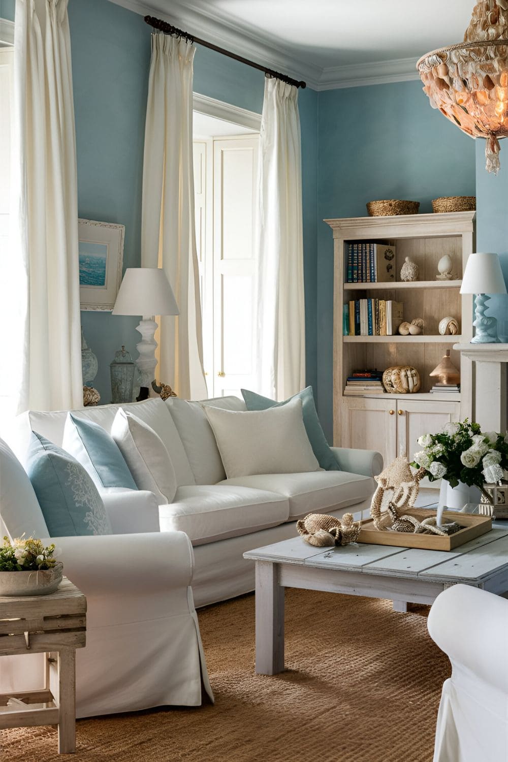 Serene living room with soft blue walls coastal-inspired furniture and light breezy decor with white and natural wood accents