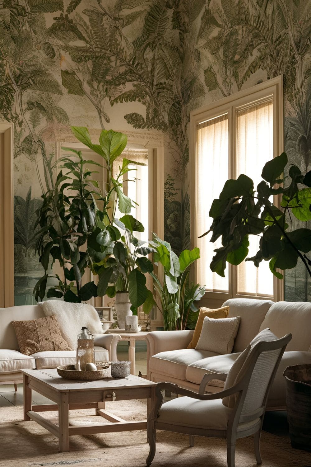 Serene living room with vintage botanical wallpaper featuring detailed leaves and ferns light wooden furniture and large indoor plants