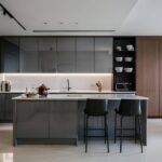 Sleek, contemporary kitchen with high-gloss grey cabinets, minimalistic decor, and clean, reflective surfaces.