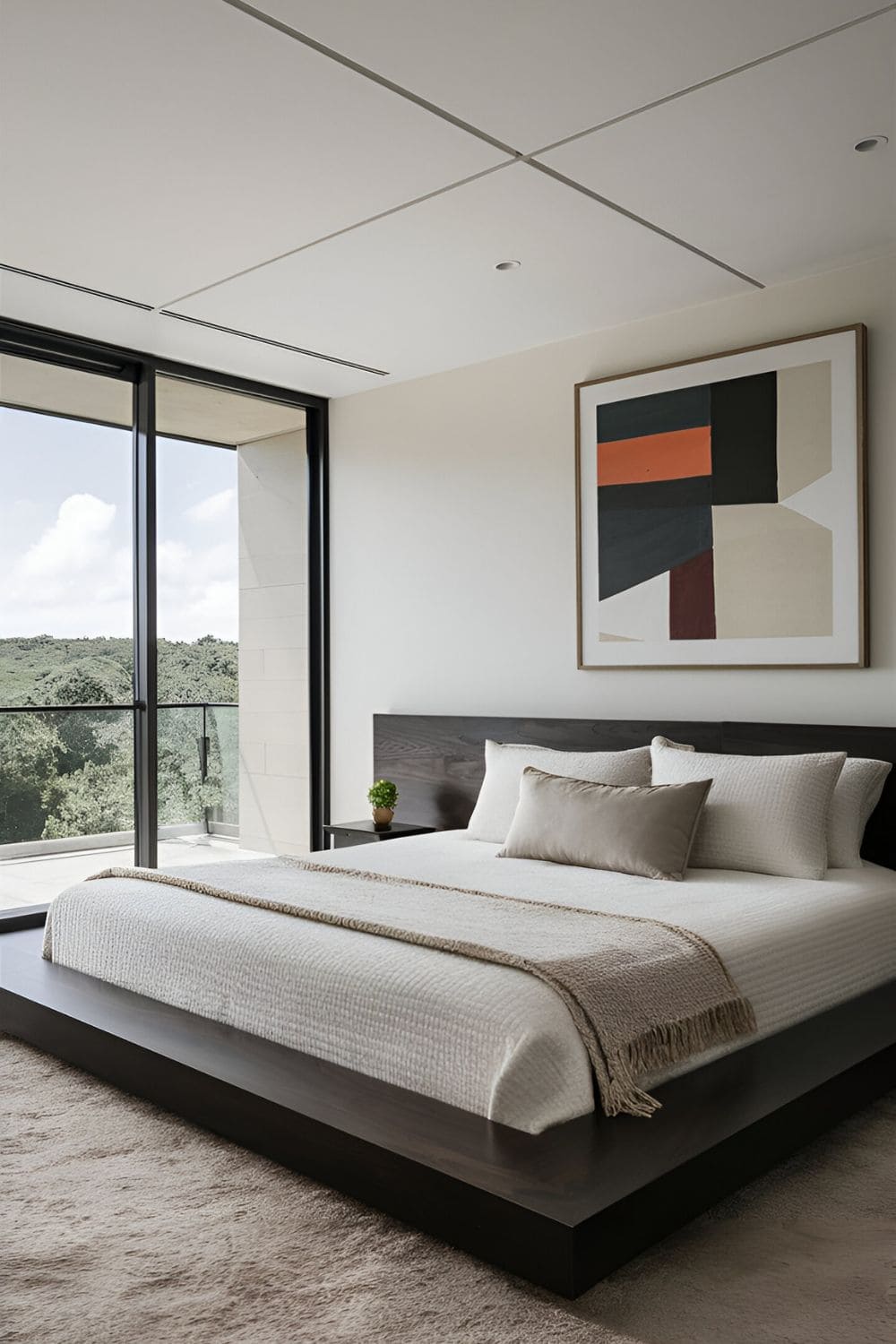 Sleek dark wood platform bed in a minimalist bedroom with clean lines white bedding and simple decor