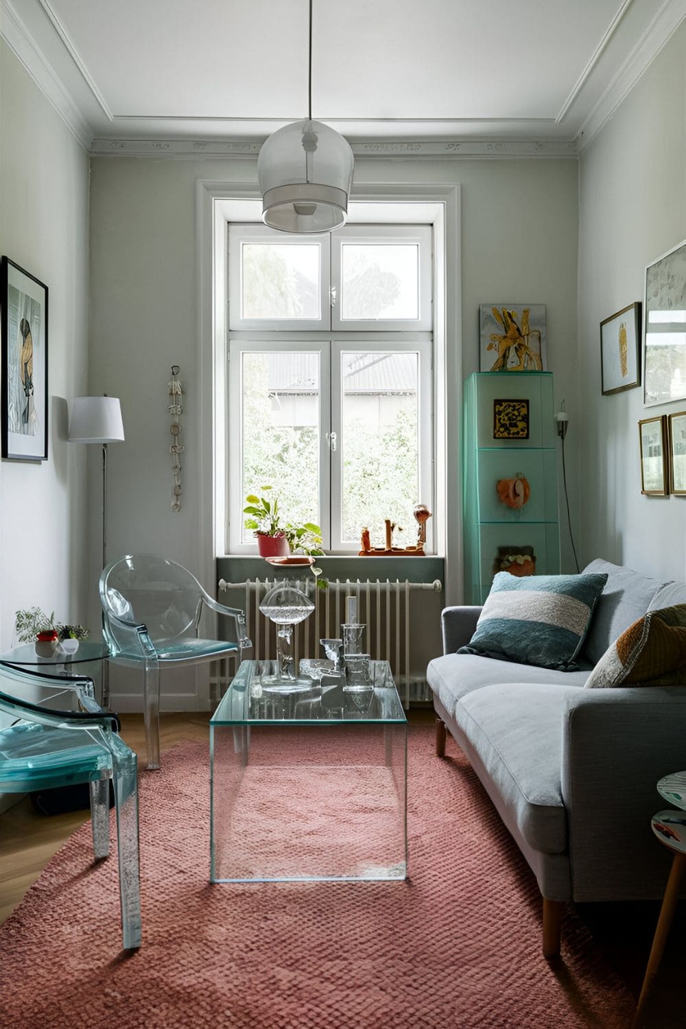 Small living room featuring glass or acrylic furniture like a glass coffee table and transparent chairs creating a sense of openness and lightness