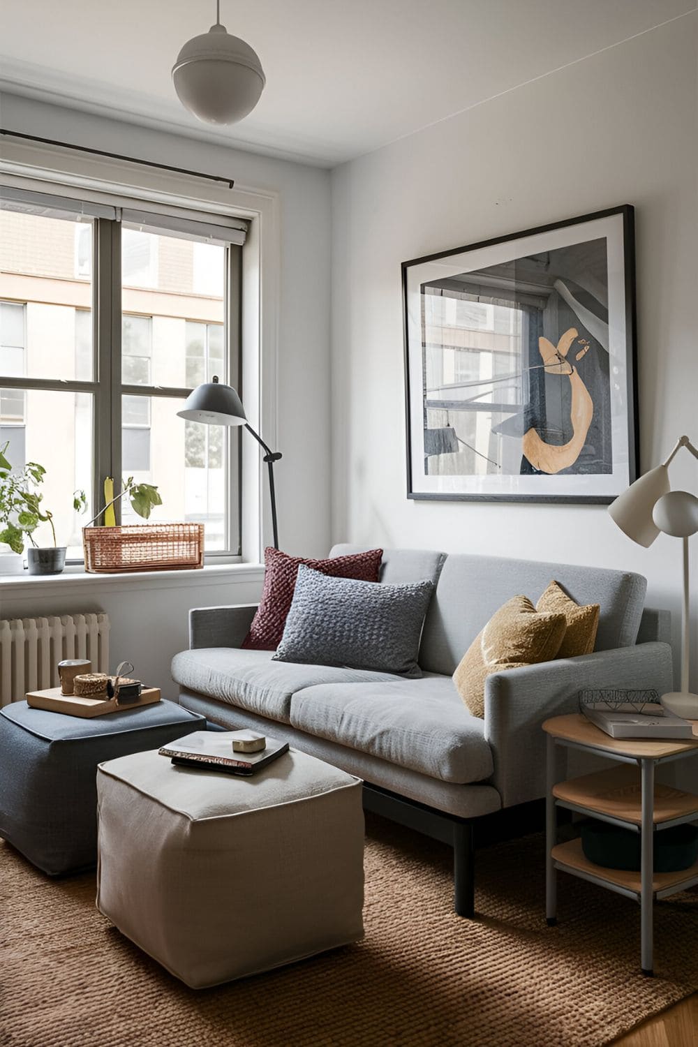 Small living room showcasing multi-functional furniture like a sofa bed storage ottomans and nesting tables designed to maximize space efficiently