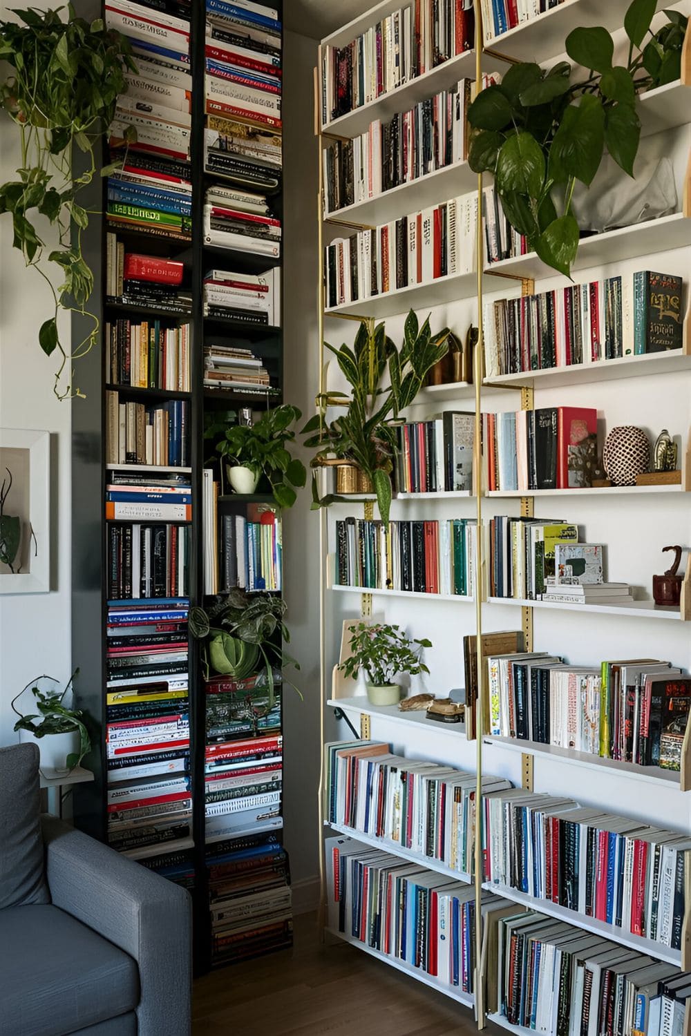 Small living room utilizing vertical space with tall bookshelves and wall-mounted shelves filled with books plants and decor keeping the floor area clear