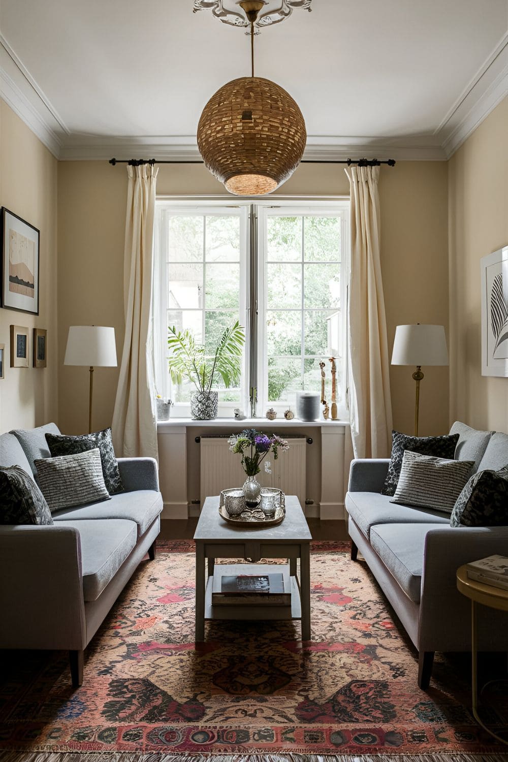 Small living room with a symmetrical layout matching sofas or chairs facing each other with a coffee table in between creating a balanced and orderly space