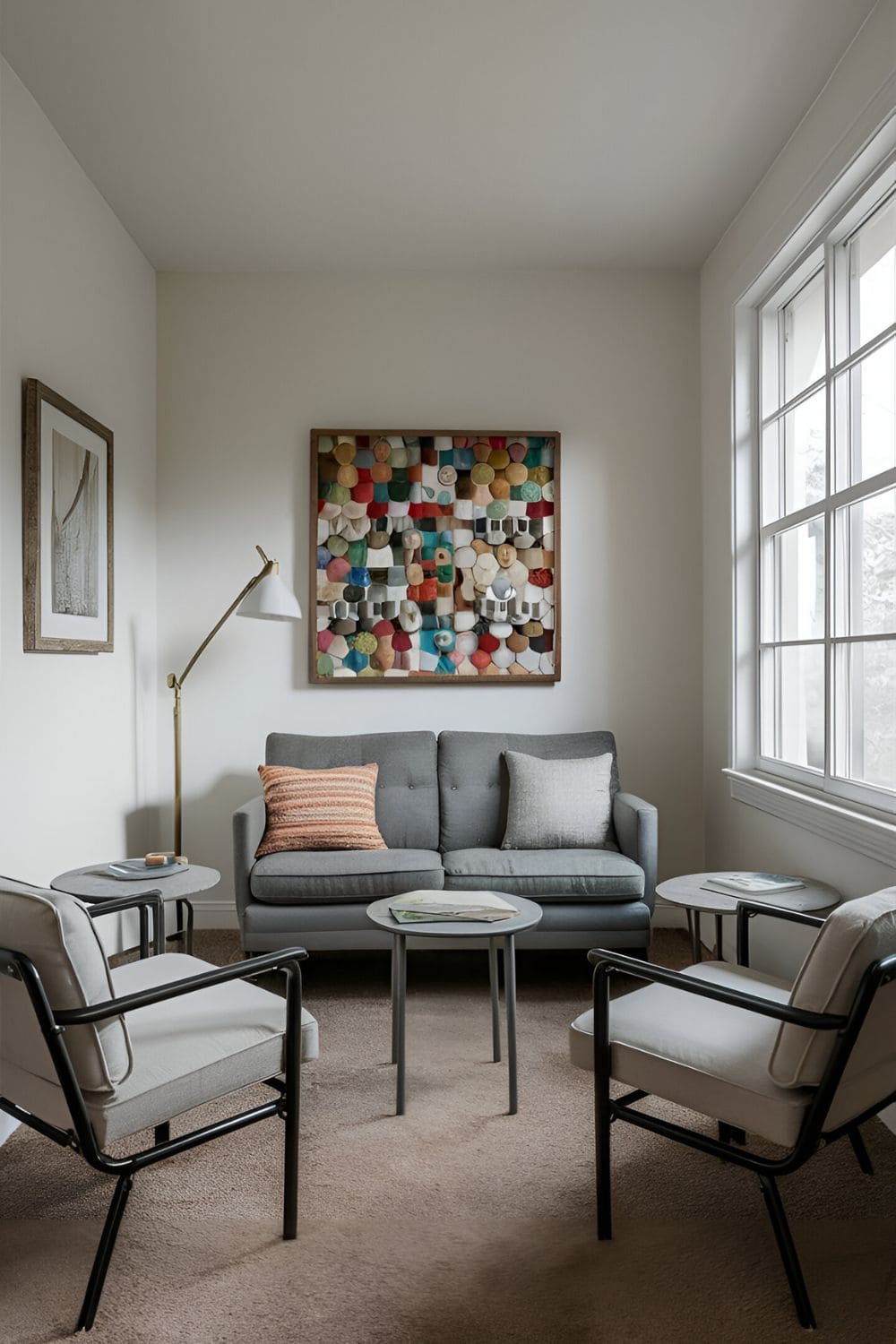 Small living room with compact seating options including a loveseat and armless chairs paired with small side tables providing ample seating without overwhelming the room