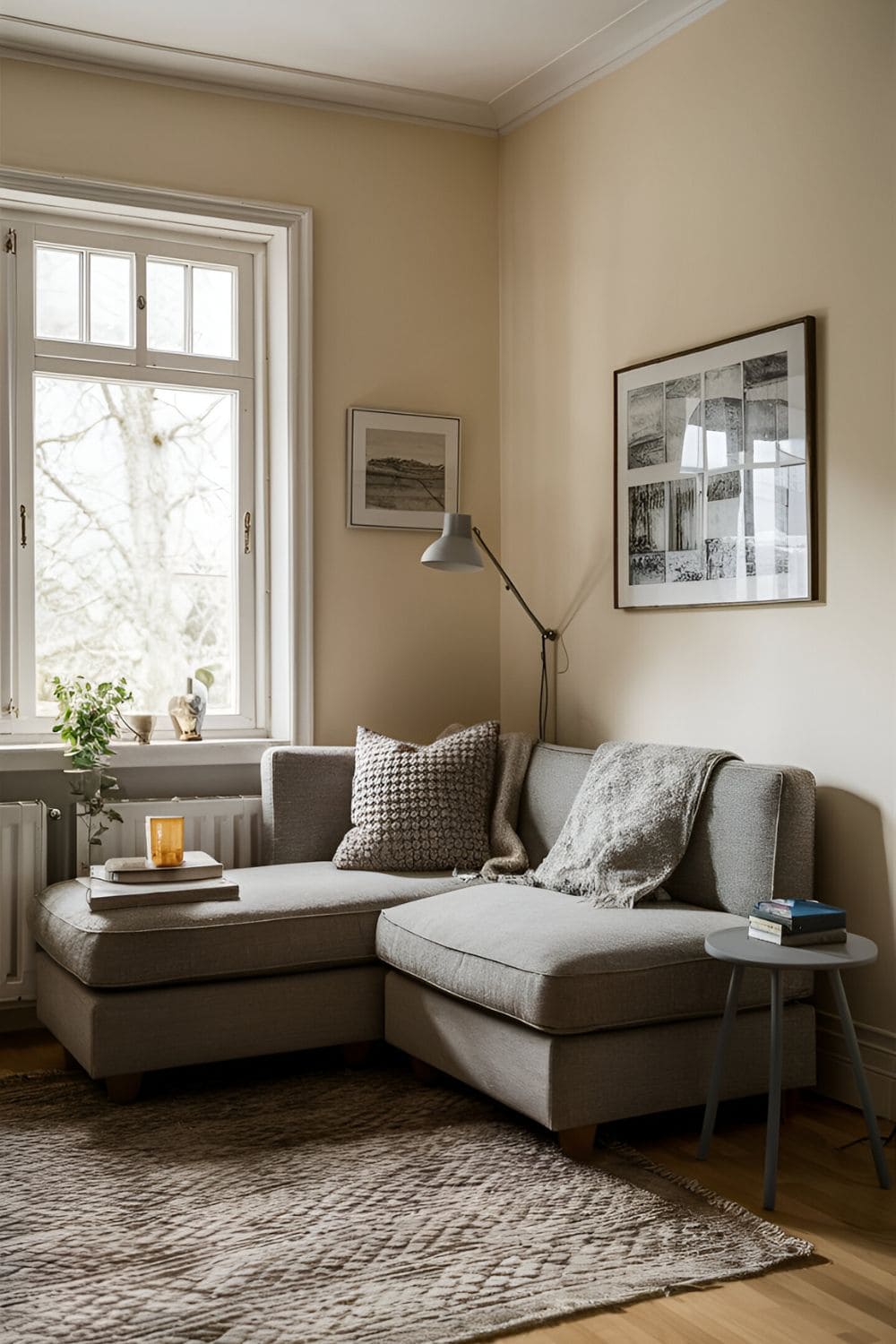 Small living room with corner seating featuring a corner sofa or sectional a small side table and a floor lamp creating a defined and cozy area