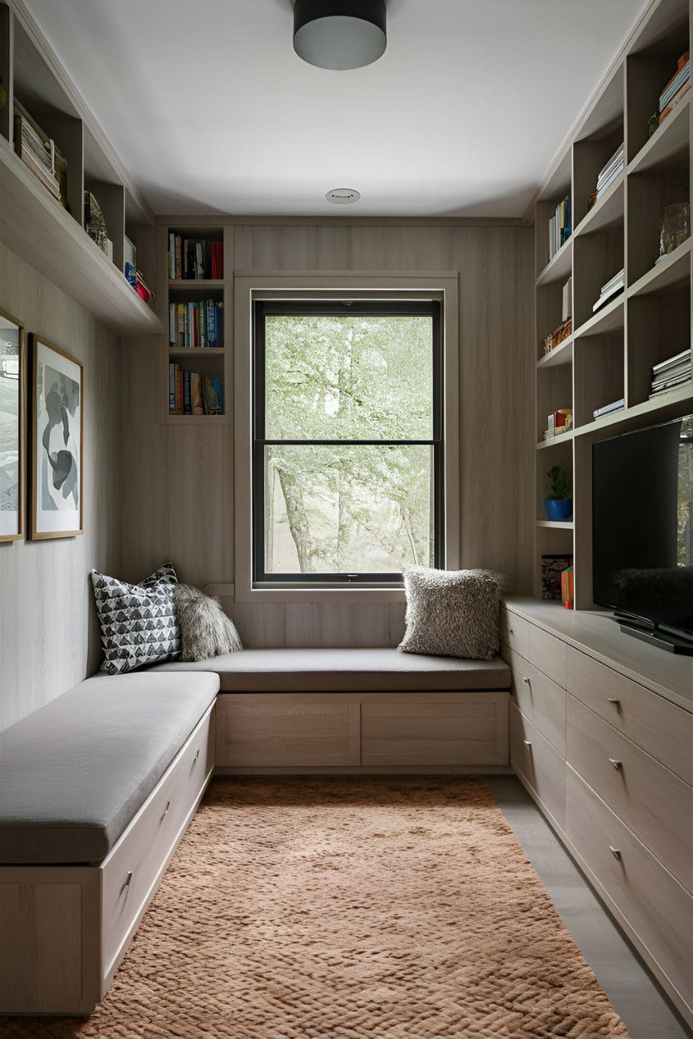 Small living room with custom built-in furniture like shelves and benches blending with the walls maximizing space and providing a sleek tailored look