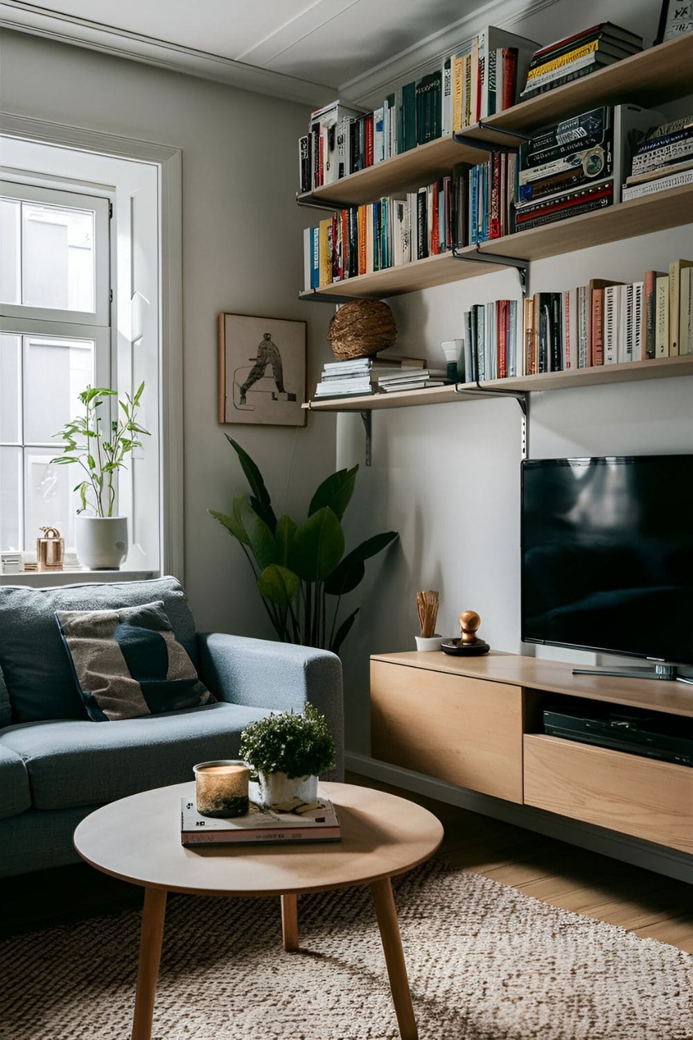 Small living room with floating shelves on the walls providing storage for books decor and media equipment without taking up floor space keeping the room open