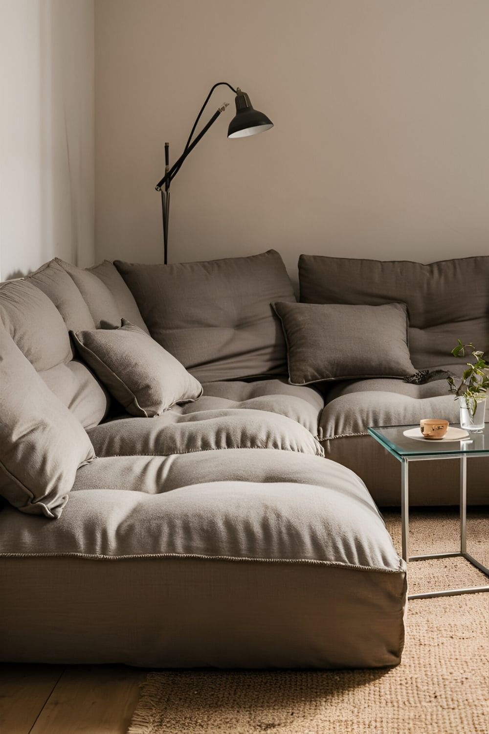 Snug corner in a rectangular living room featuring a sectional sofa a floor lamp for reading a small table nearby and minimal decor