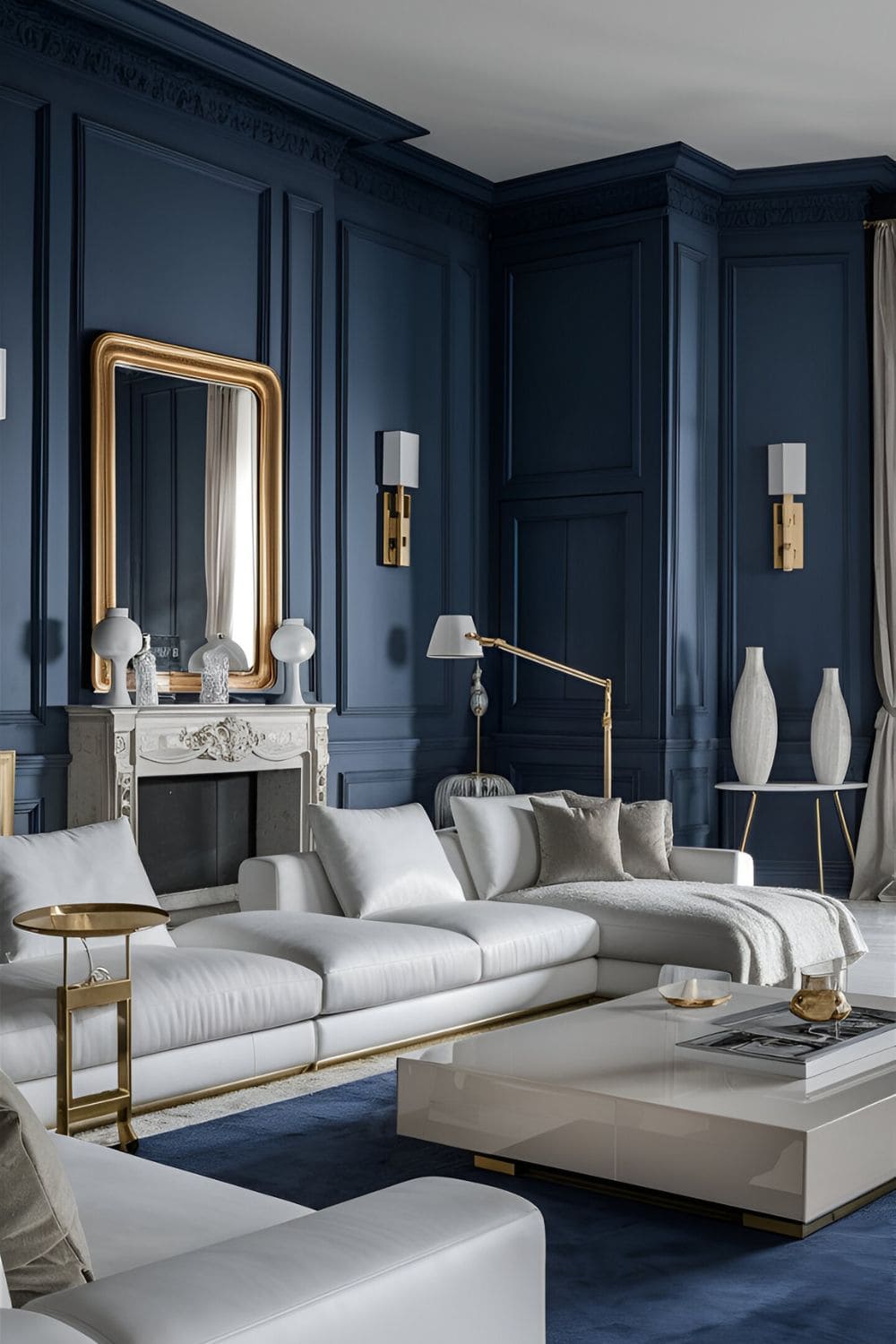 Sophisticated living room with navy blue walls sleek furniture and elegant decor in white and gold