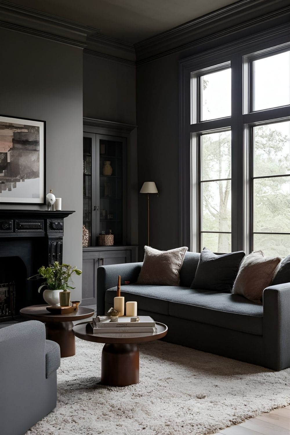 Spacious living room with dark gray walls warm lighting and plush comfortable furniture illuminated by large windows