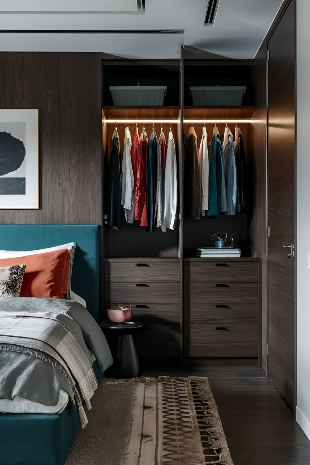 Stylish dark wood wardrobe with neatly organized clothes and chic bedroom decor