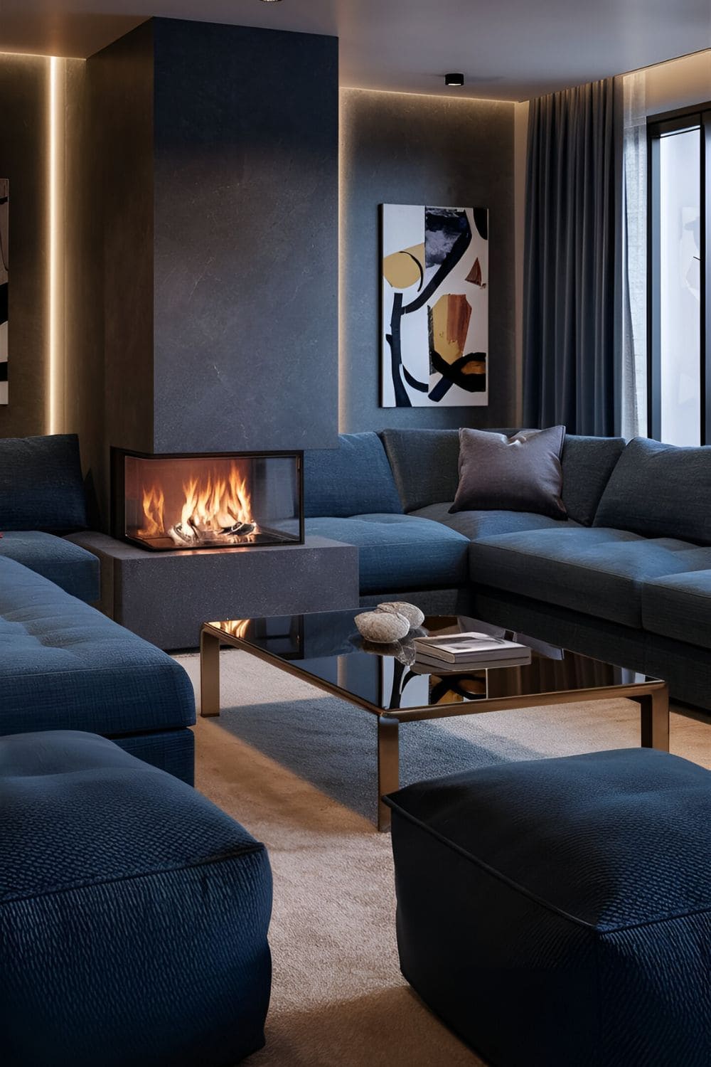 Stylish living room with L-shaped sofa framing fireplace coffee table in front and poufs or ottomans for additional seating