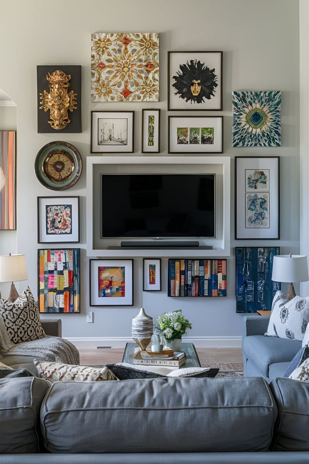 Stylish living room with a TV integrated into a gallery wall with art and photos