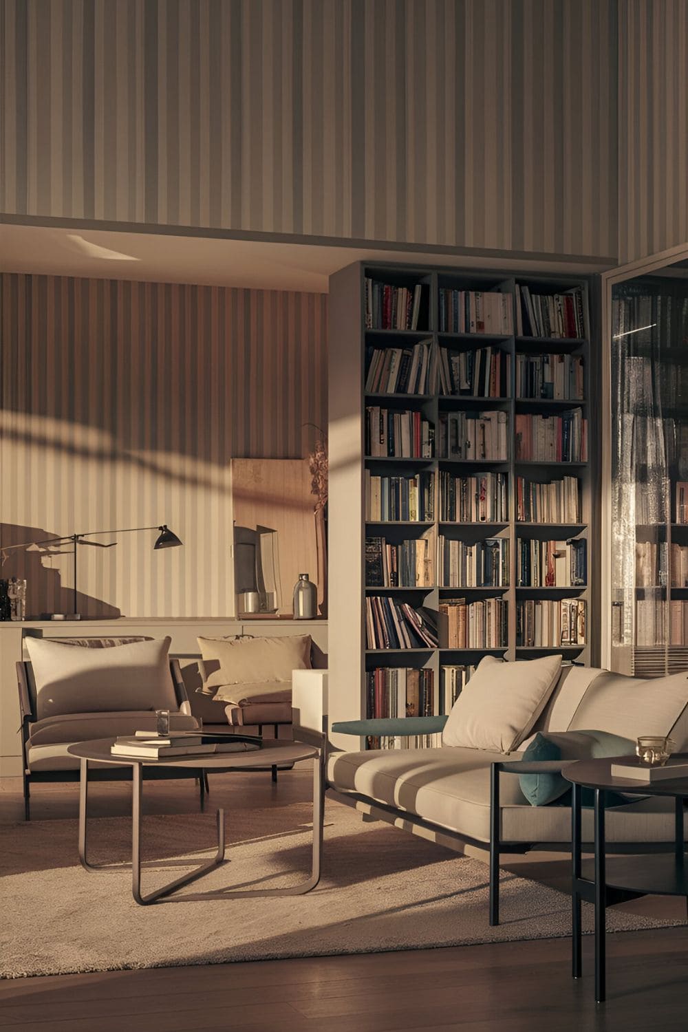 Stylish living room with timeless vertical striped wallpaper in muted tones modern furniture and a tall bookshelf filled with books and decorative items