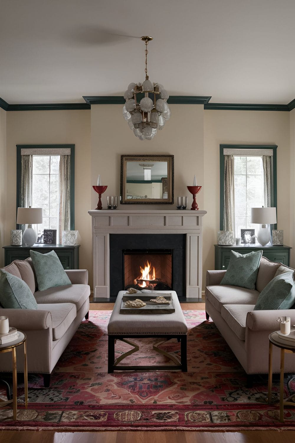 Symmetrical living room with centered fireplace two identical sofas facing each other coffee table in between and symmetrical decor elements