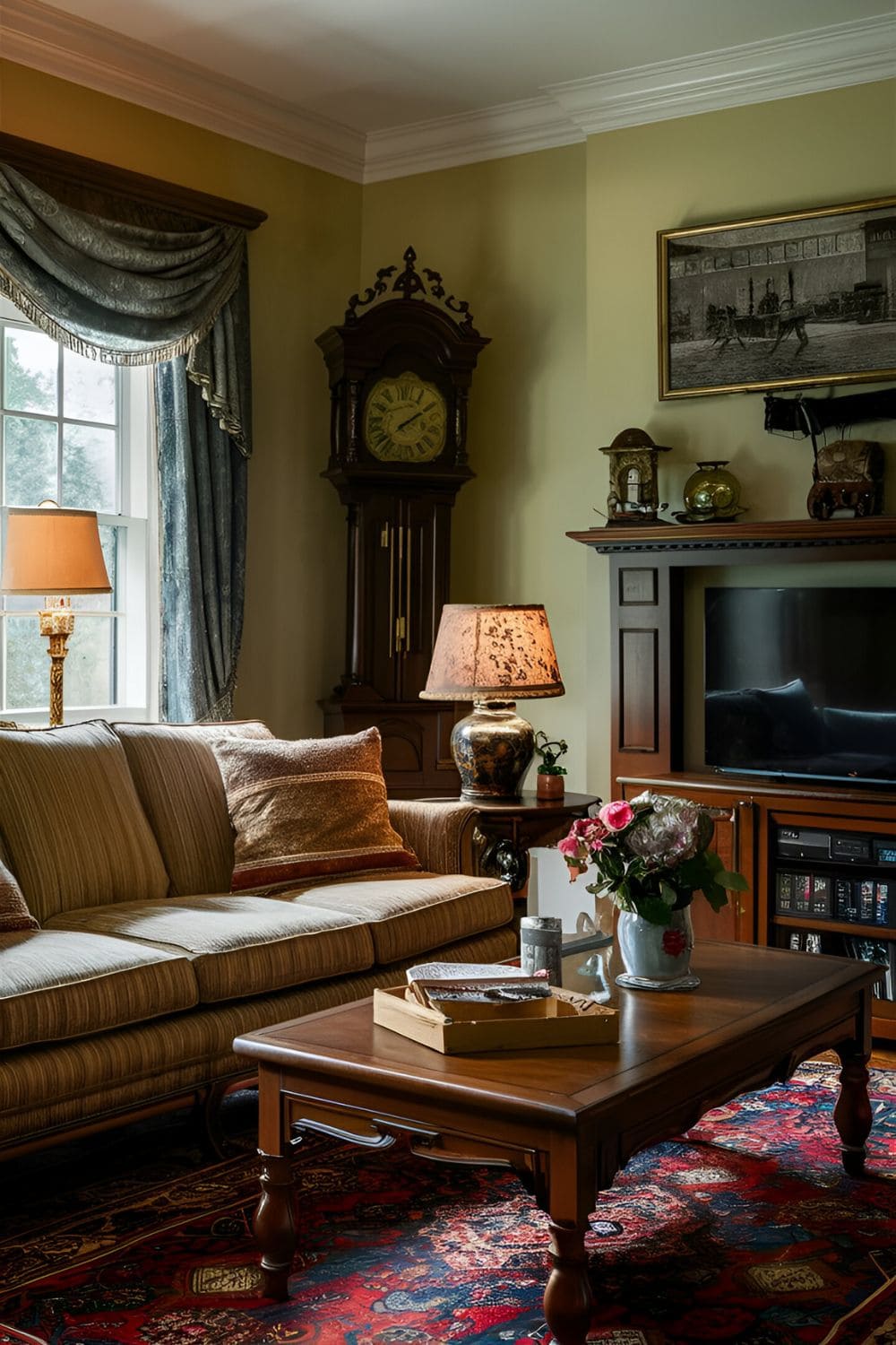 Traditional I-shaped living room layout with a classic sofa a wooden coffee table traditional decor items like a grandfather clock or antique lamp and a wooden media center