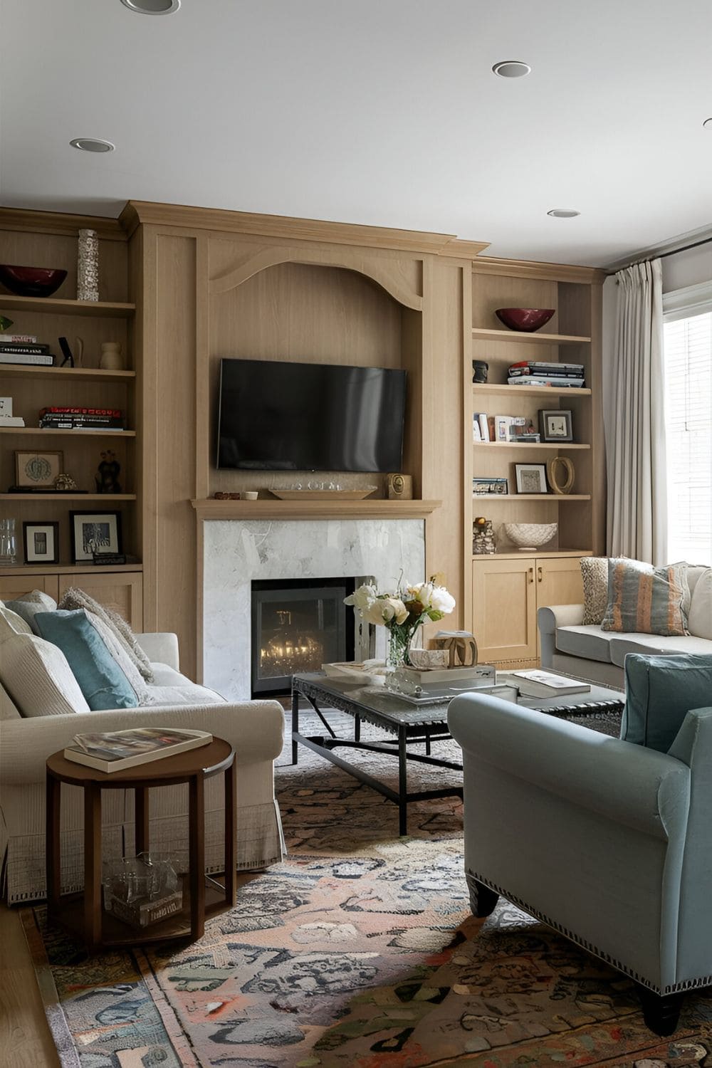 Transitional I-shaped living room layout blending traditional and modern furniture mixed-style accessories and a media unit that complements the overall design